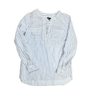 Talbots Metallic Seersucker Side‎ Button Blue Roll Tab Camp Shirt Women's Size S